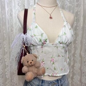 Edikted Floral Halter Top White & Pink Mesh Open Back Size Small Fairy Summer